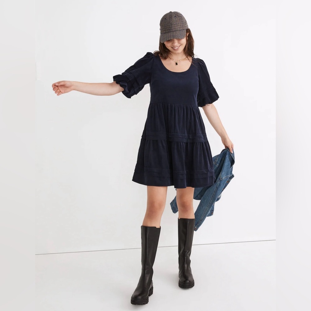 Madewell Corduroy Puff Sleeve Tiered Mini Dress in Deep‎ Indigo Blue Size Small